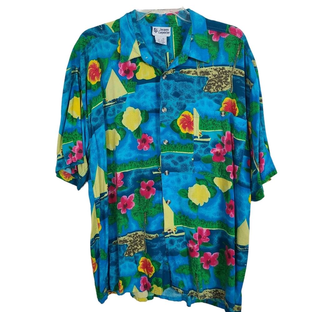 Tropical Hawaiian Rayon Shirt Large Beachy Aloha Floral Button Down Island Print